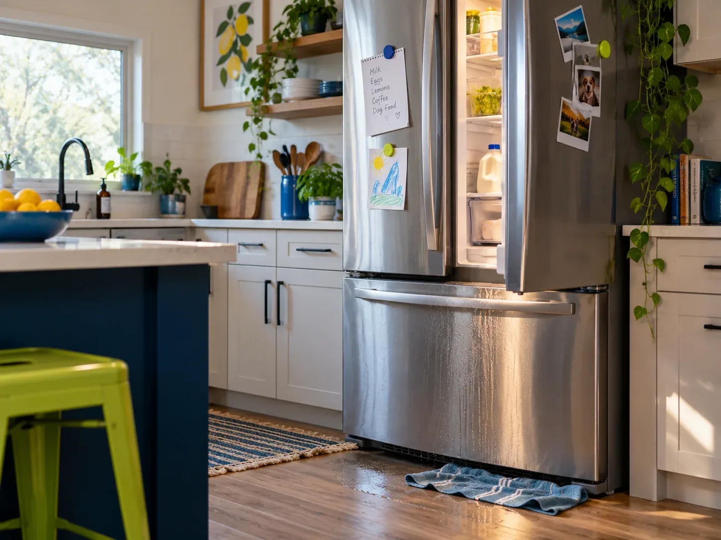Refrigerator repair and water leak in a residential kitchen