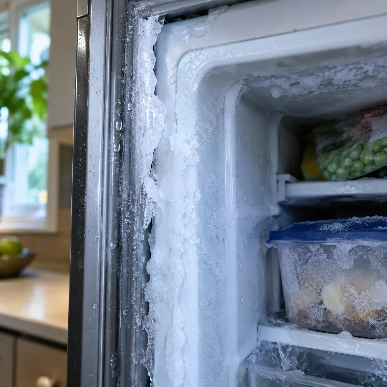 Close-up of frost buildup and moisture inside a refrigerator freezer