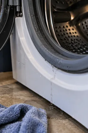 Close-up detail of a washing machine problem in a residential laundry area