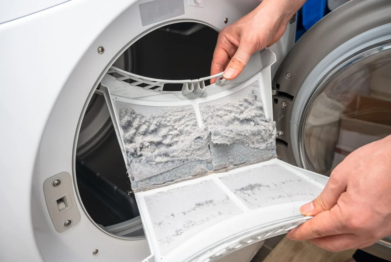 Close-up of a clothes dryer in a lived-in home laundry area