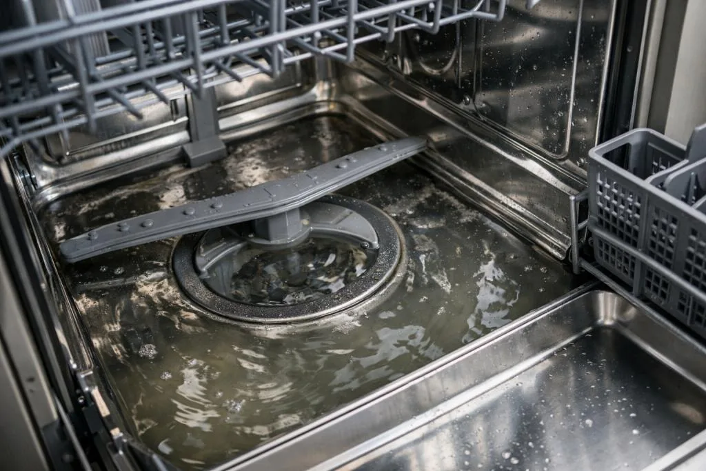 Close-up view of an open dishwasher in a lived-in home kitchen