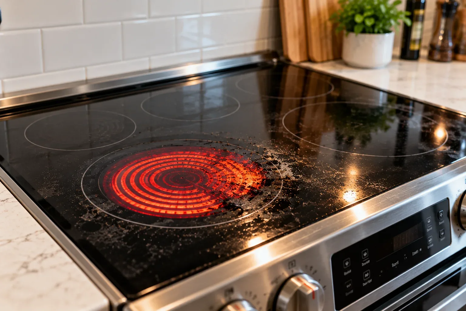 Close-up of a residential kitchen stove and its cooking controls